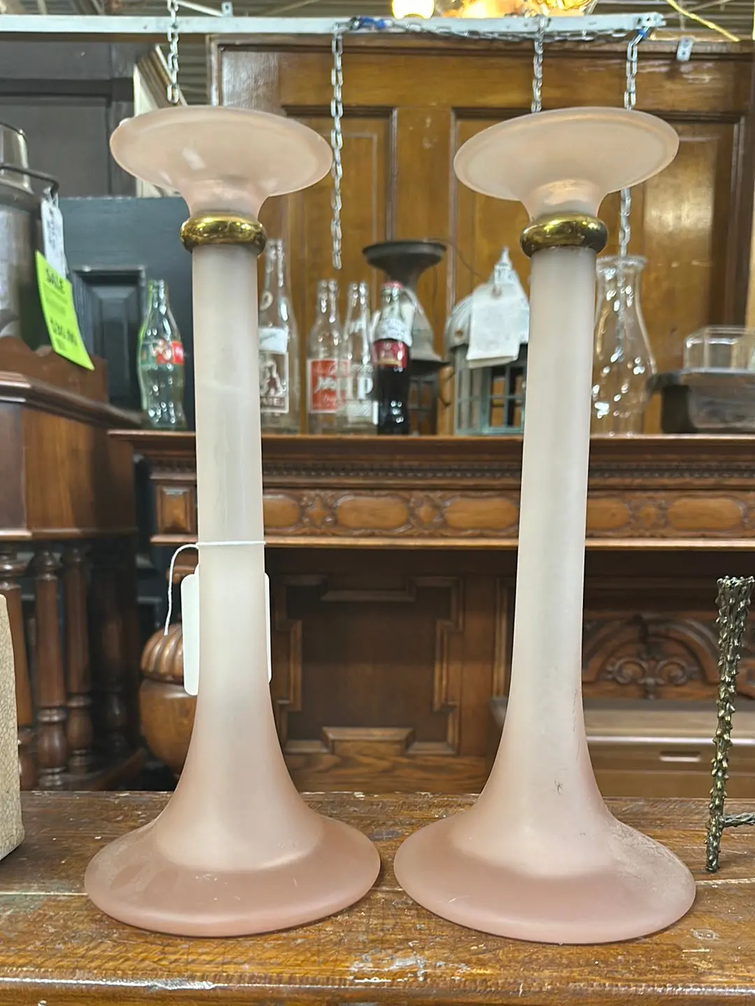 Pair Of Tall Pink Satin Glass Candle Sticks 1