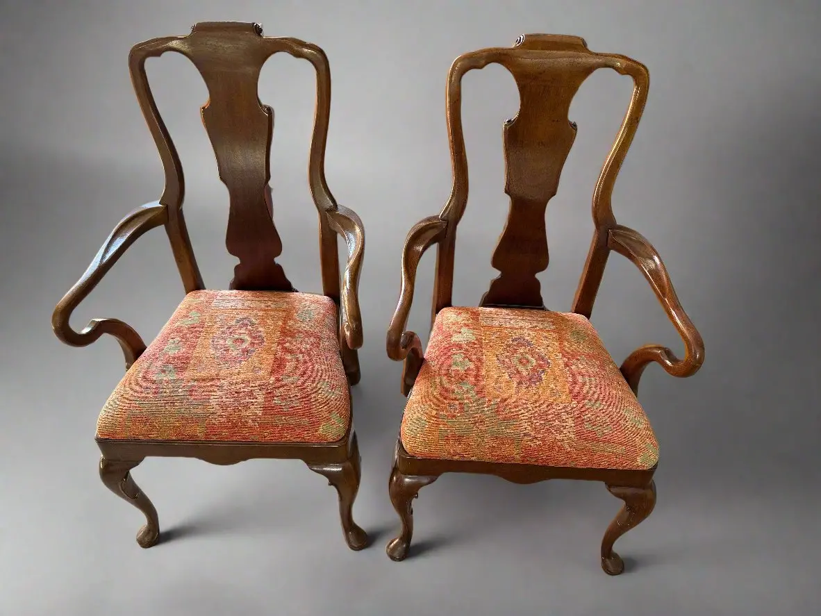 Pair Of Walnut Queen Anne Arm Chairs 1