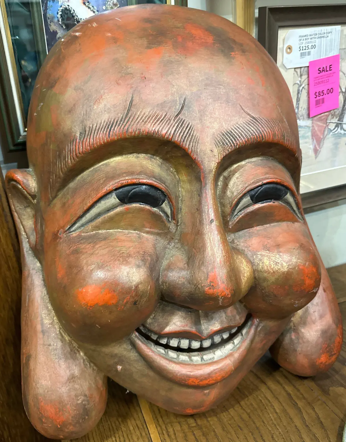 Large Orange Wood Buddha Mask 1