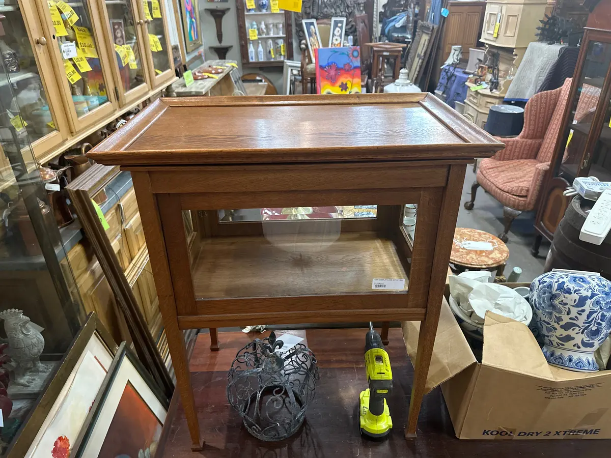 English Oak Tea Cabinet With Cut Glass And Tray 1