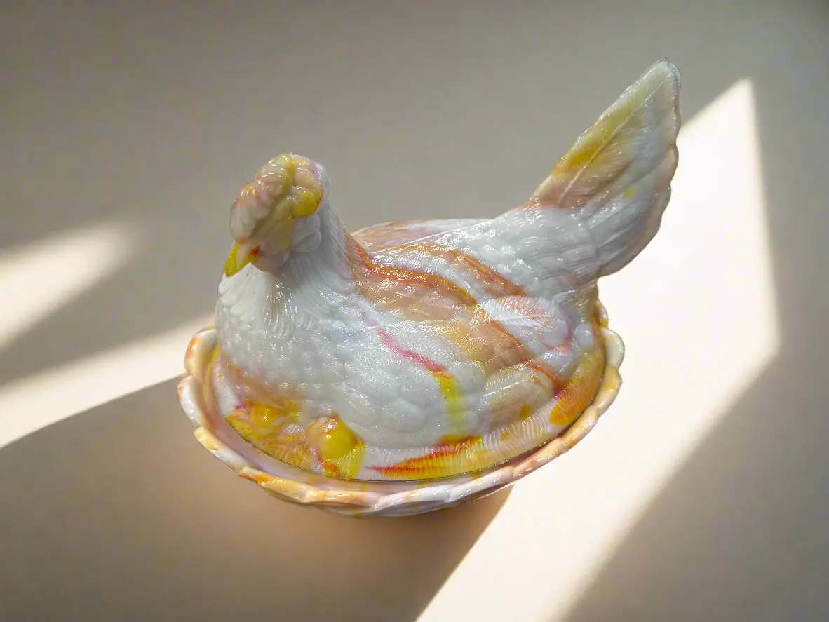 Colorful Slag Glass Hen Box 1