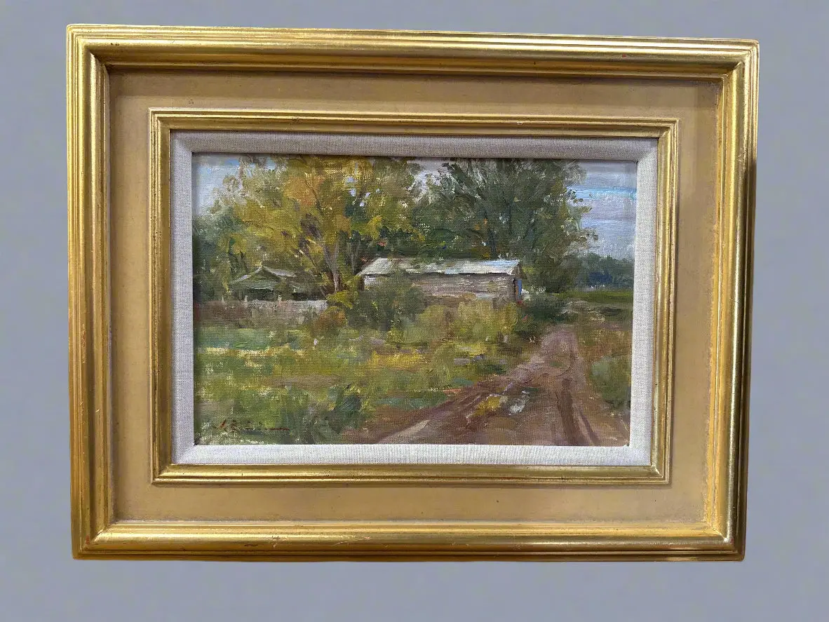 Small Framed Impressionist Oil Painting Of A Country Road With Old Structures  Signed John Eneinas 1994 1