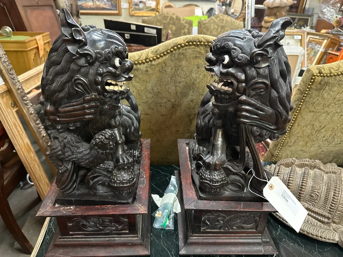 Pair Of Carved Wood Foo Dogs On Bases 1