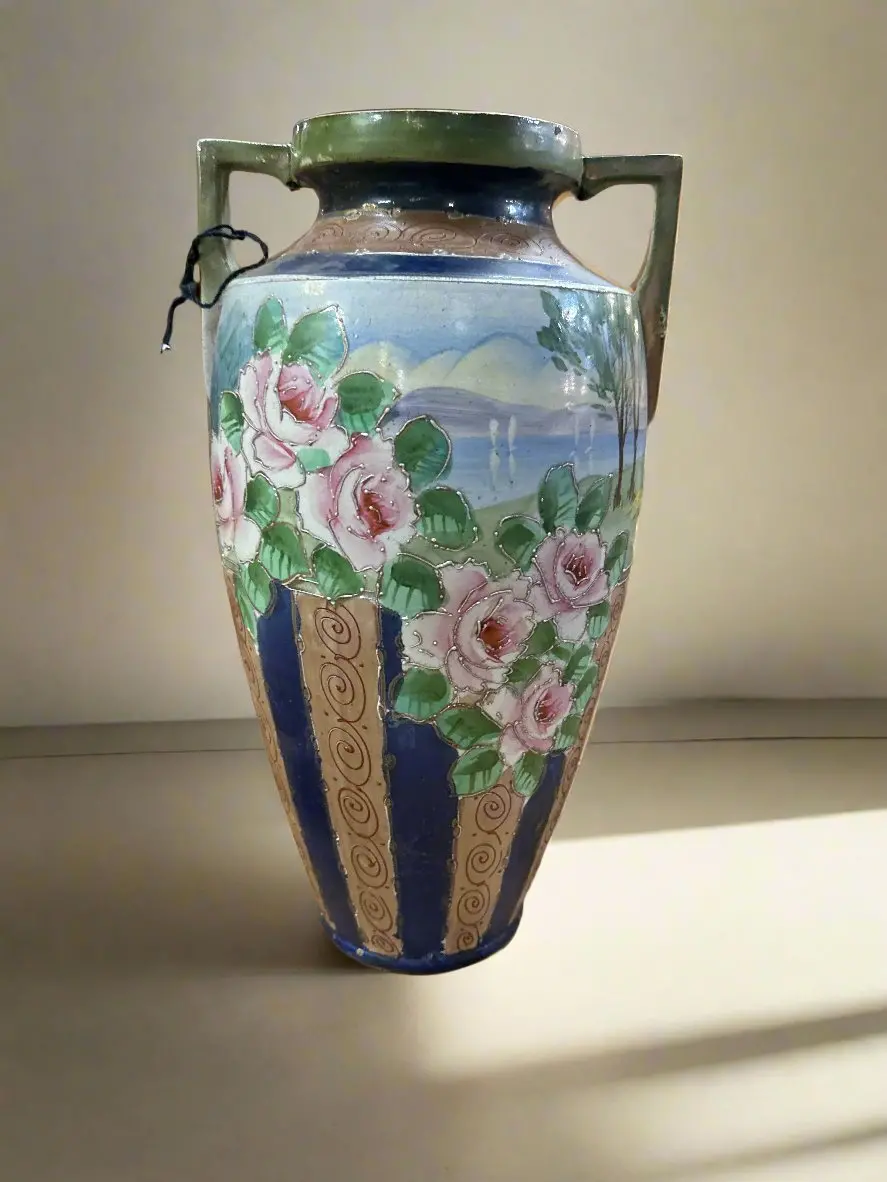 Large Nippon Hand Painted Vase With Rose 1