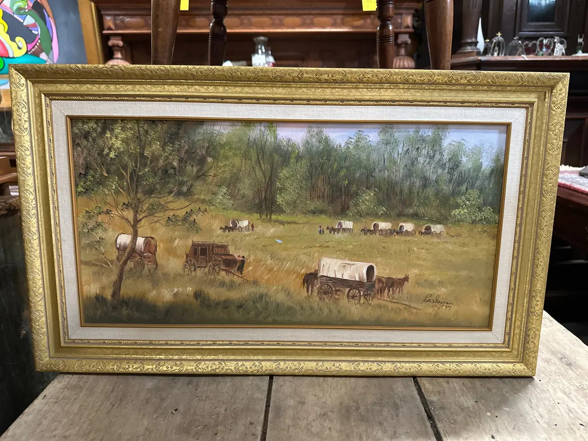 Small Framed Wagon Trail Oil Painting Signed Carla Jean 1
