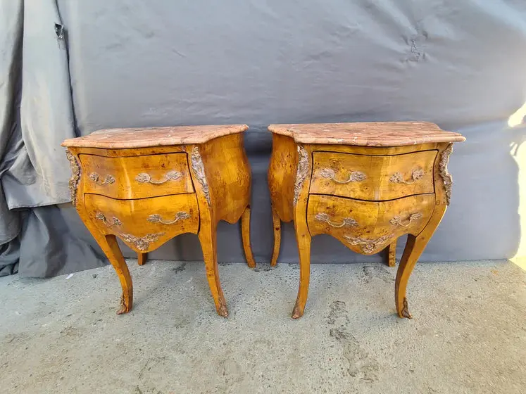 Pair Of Small Light Burled Bombe Chests With Terracotta Marlbe 1