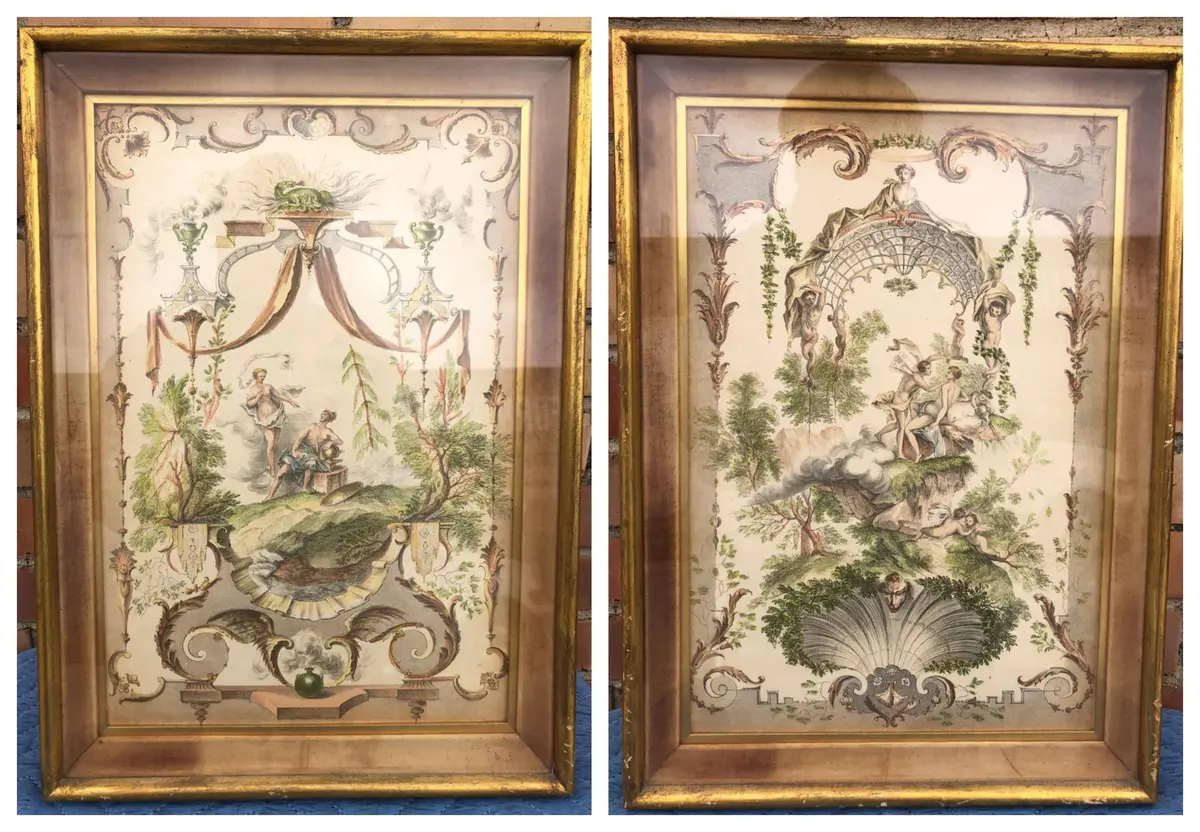 Pair Of Gold Vertical Framed Mythical And Cheribum Prints 1