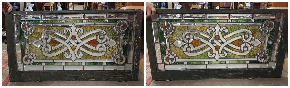 Pair Of Ornate Stained Glass Transoms Or Doors With Beveled Glass 1