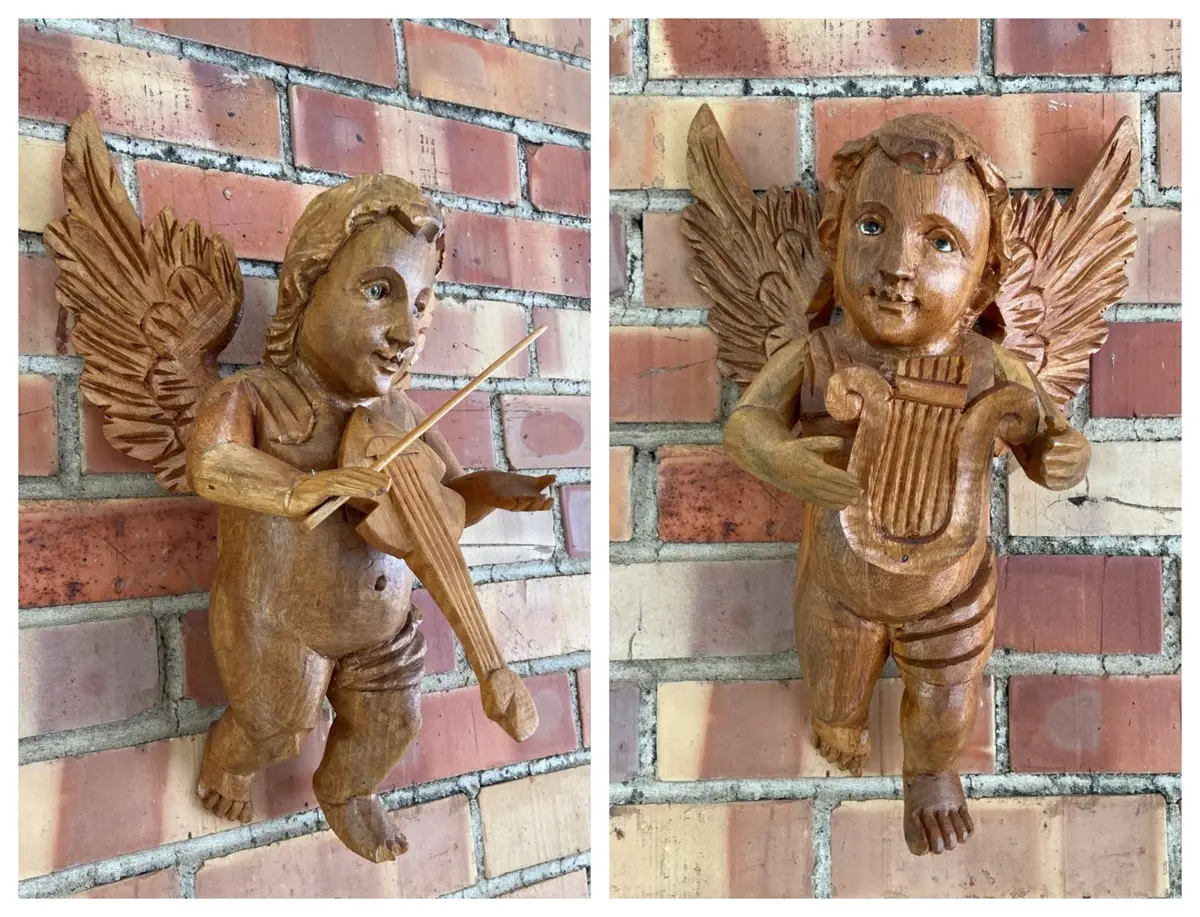 Pair Of Wall Hanging Wood Angels With Instruments 1