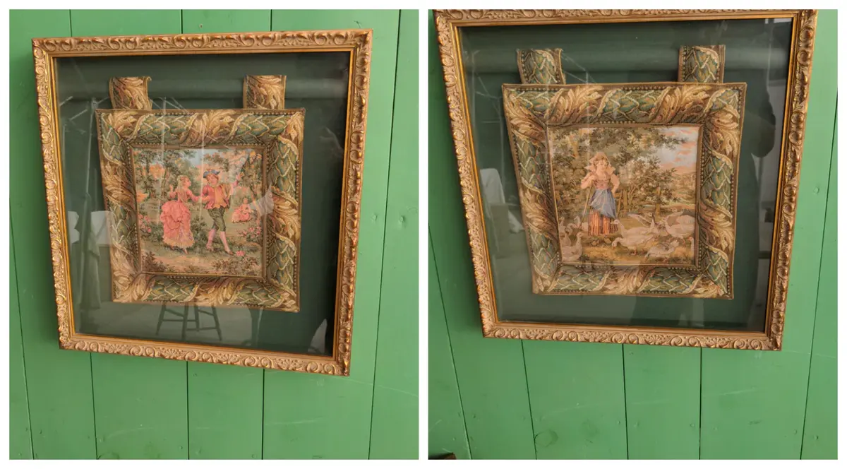 Pair Of Gold Framed Tapestries 1