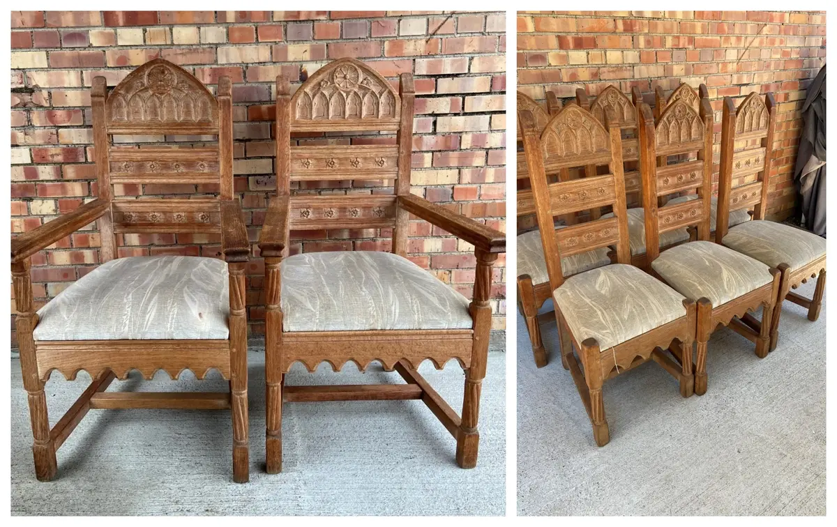Set Of 8 Gothic Oak Chairs 1
