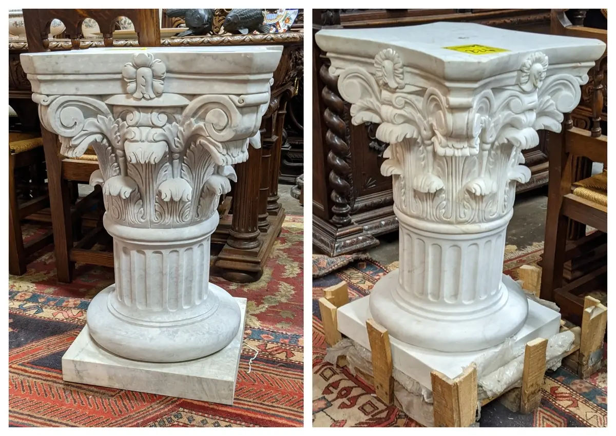 Pair Of White Corinthian Short Marble Column Pedestals 1