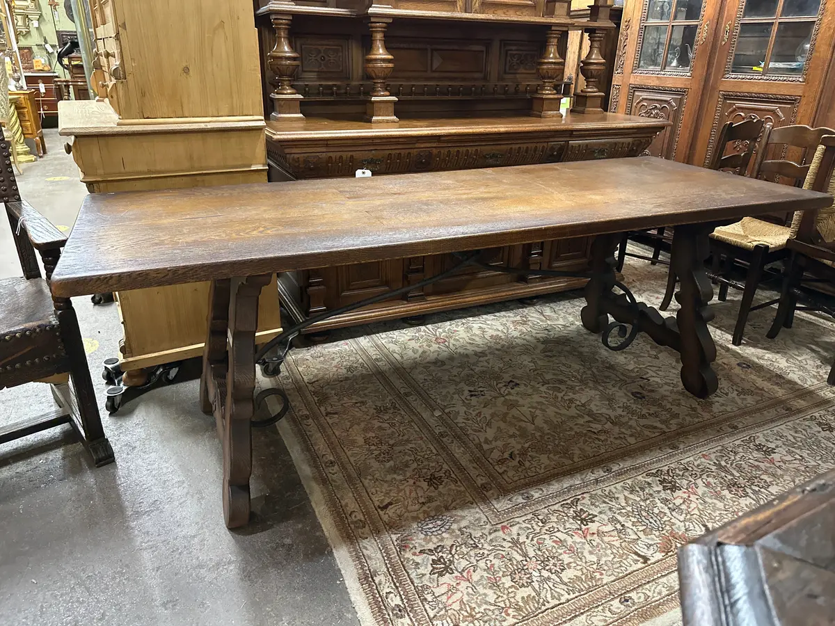 Large Spanish Ash Trestle Table With Iron Stretcher 1