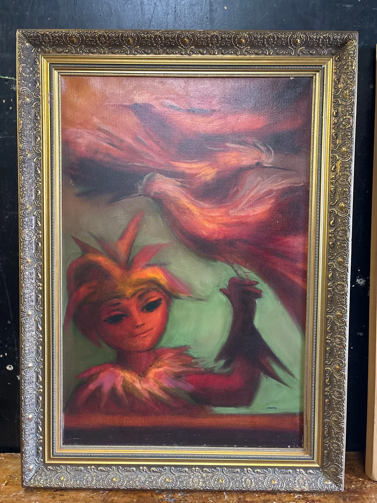 Large Gilt Framed Impressionist Painting Of Young Bird Tamer Signed By 4 Navarro 1