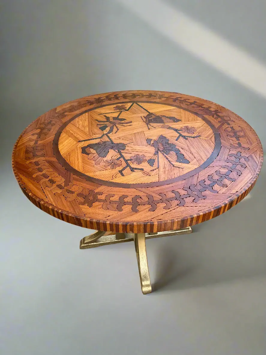 Round Inlaid Buttefly Table With Bentwood Inlaid Base 1