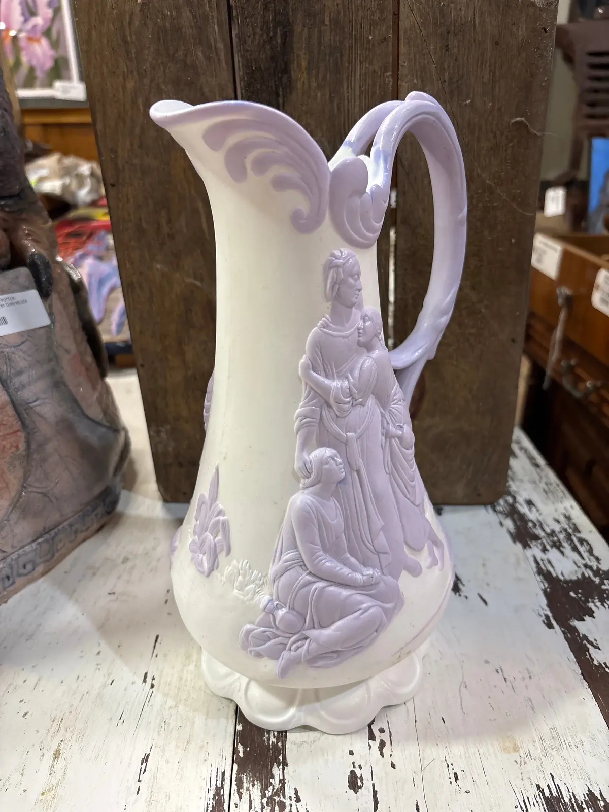 White And Lavender English Staffordshire Pitcher - Signed 1