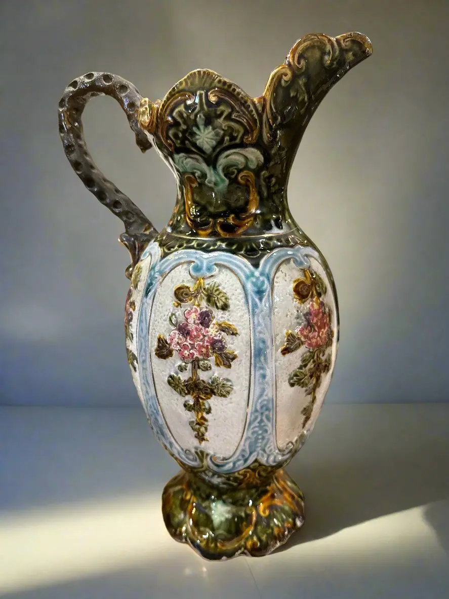 Green Majolica Pitcher With Broken Handle 1