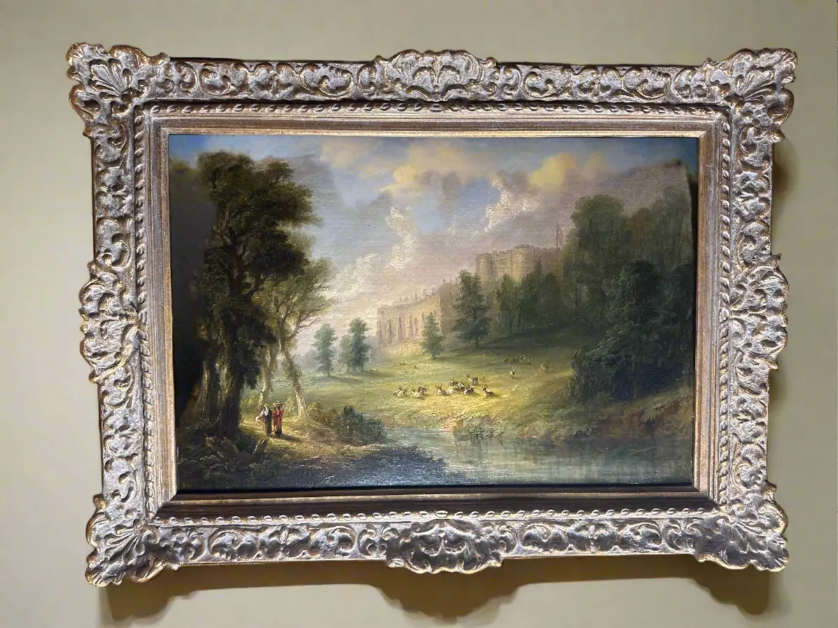 Oil Painting Of Country Scene Castle With Elk (Relined) 1