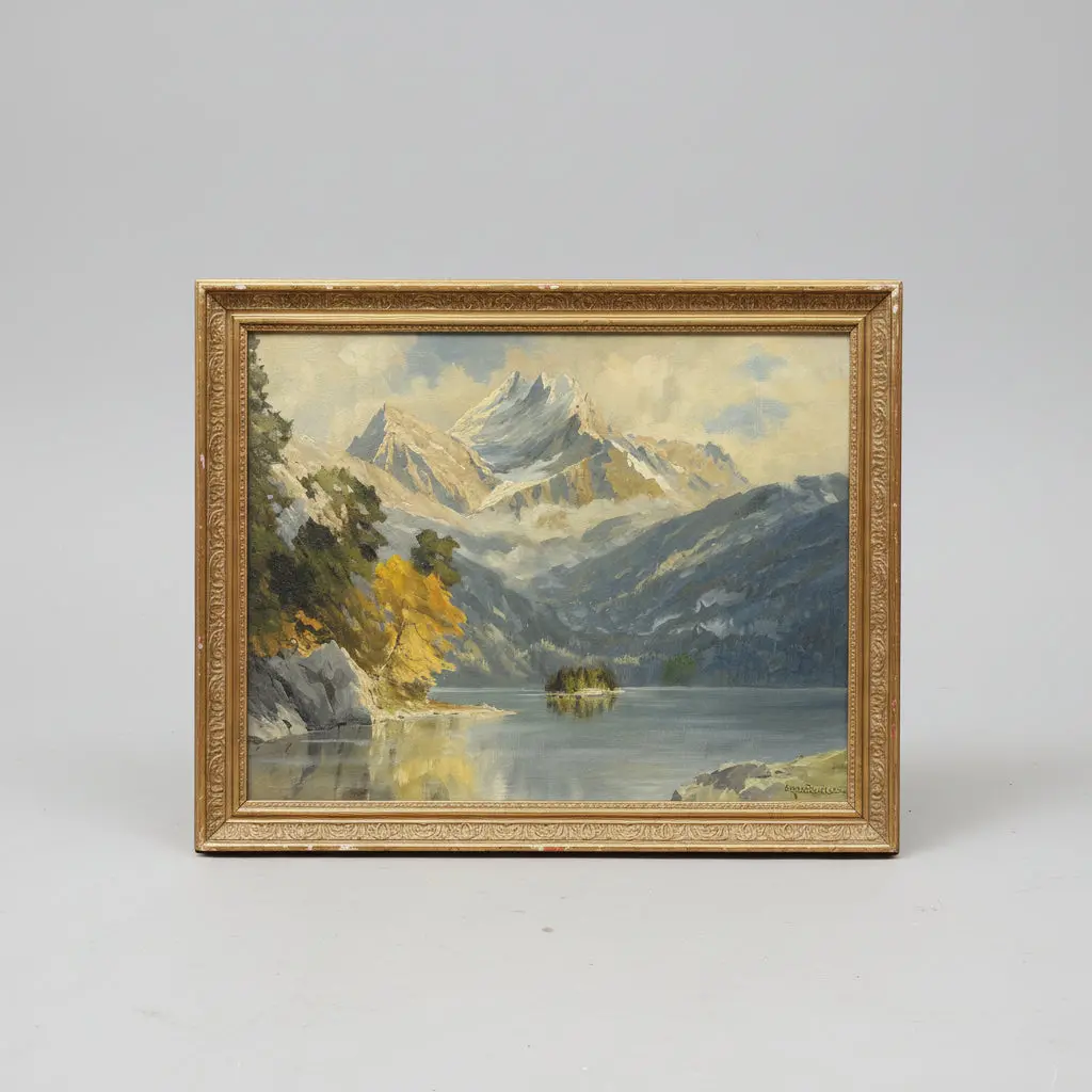Gilt Framed Mountain Scene Oil Painting With Lake - Signed 1