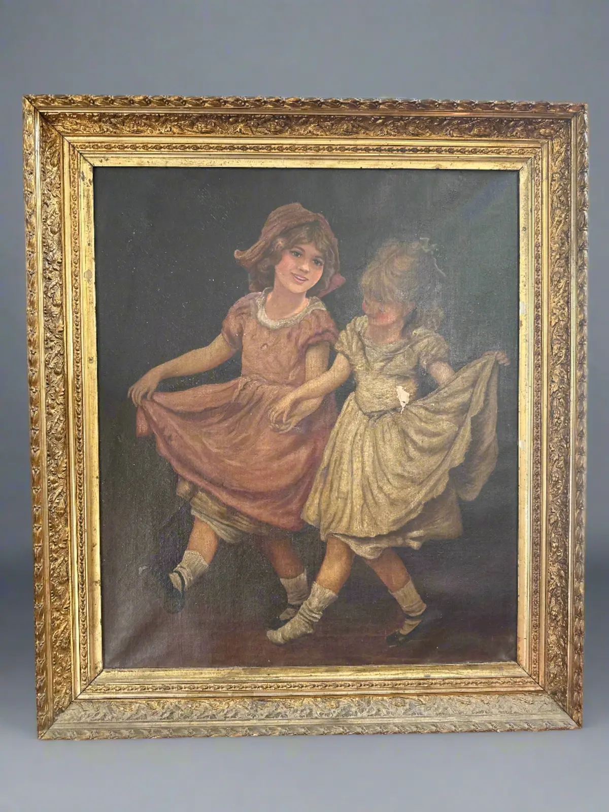 Ornate  Framed Oil Paintng Of 2 Girls As Found 1