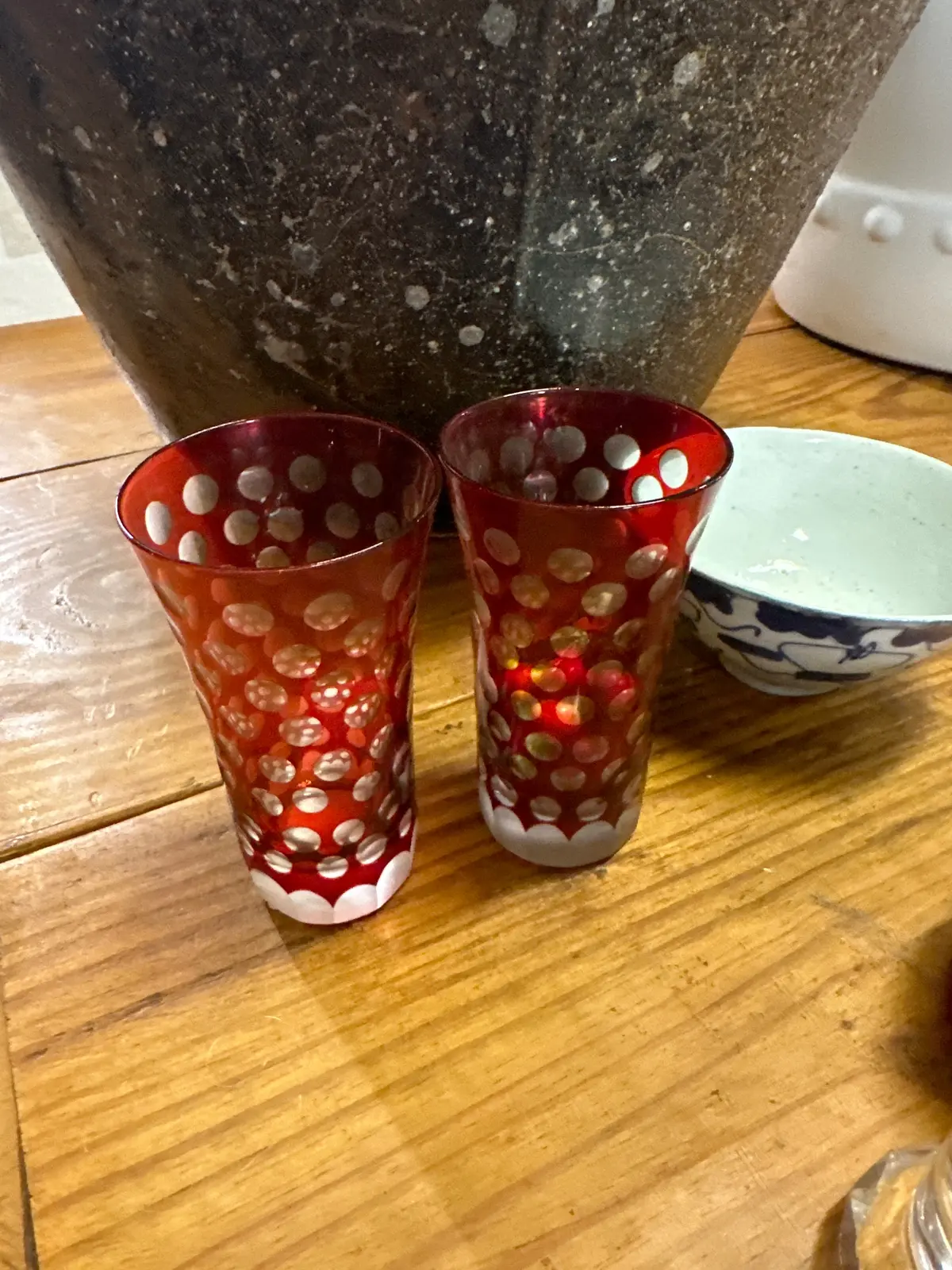 Pair Of Ruby Cut To Clear Votives 1