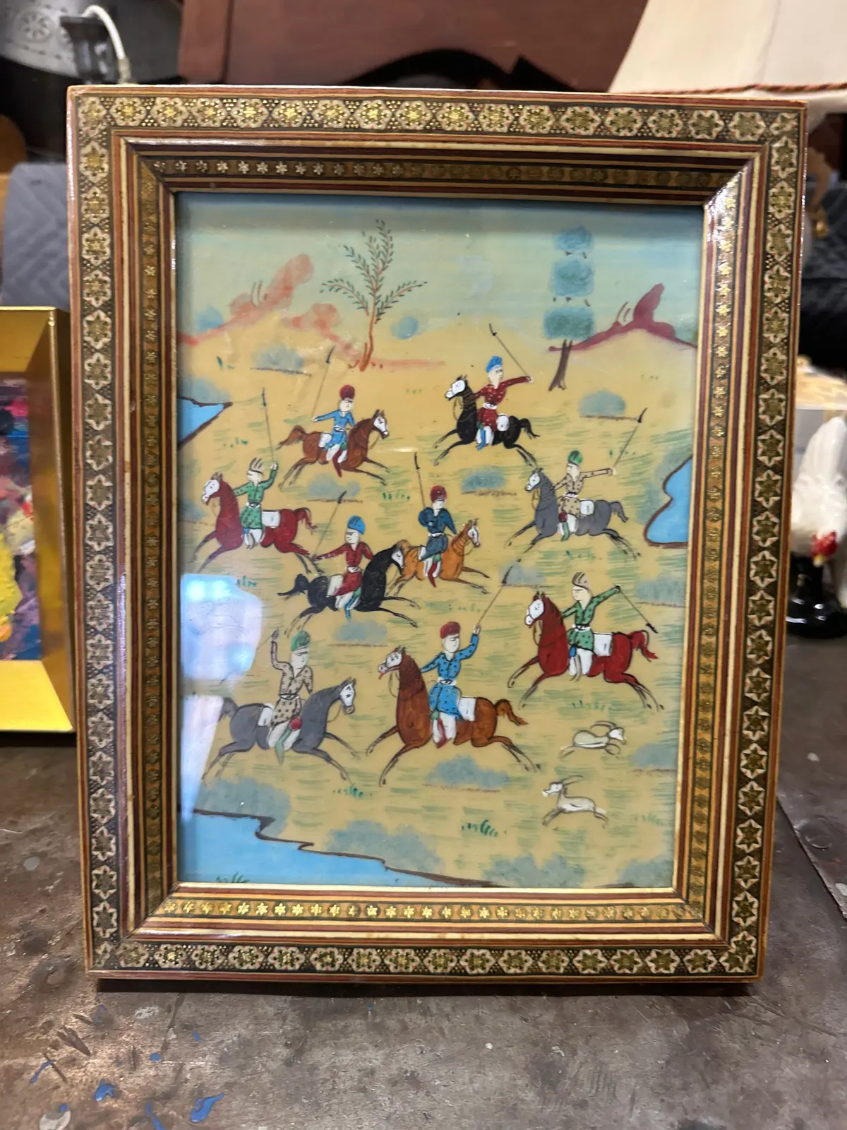 Perisan Horsemen Painting In Inlaid Frame 1