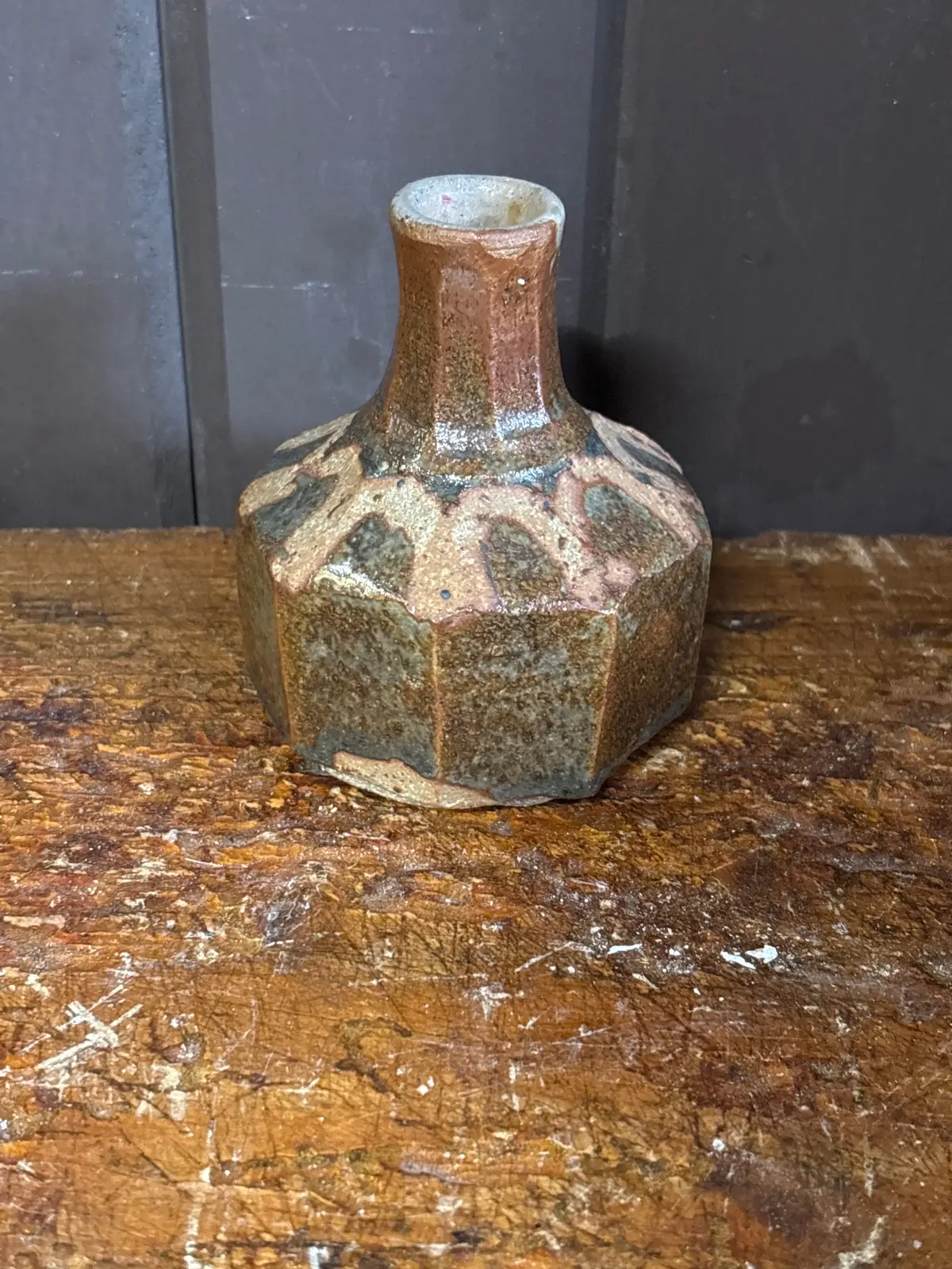Tiny Hand Thrown Brown And Green Vase - Signed 1