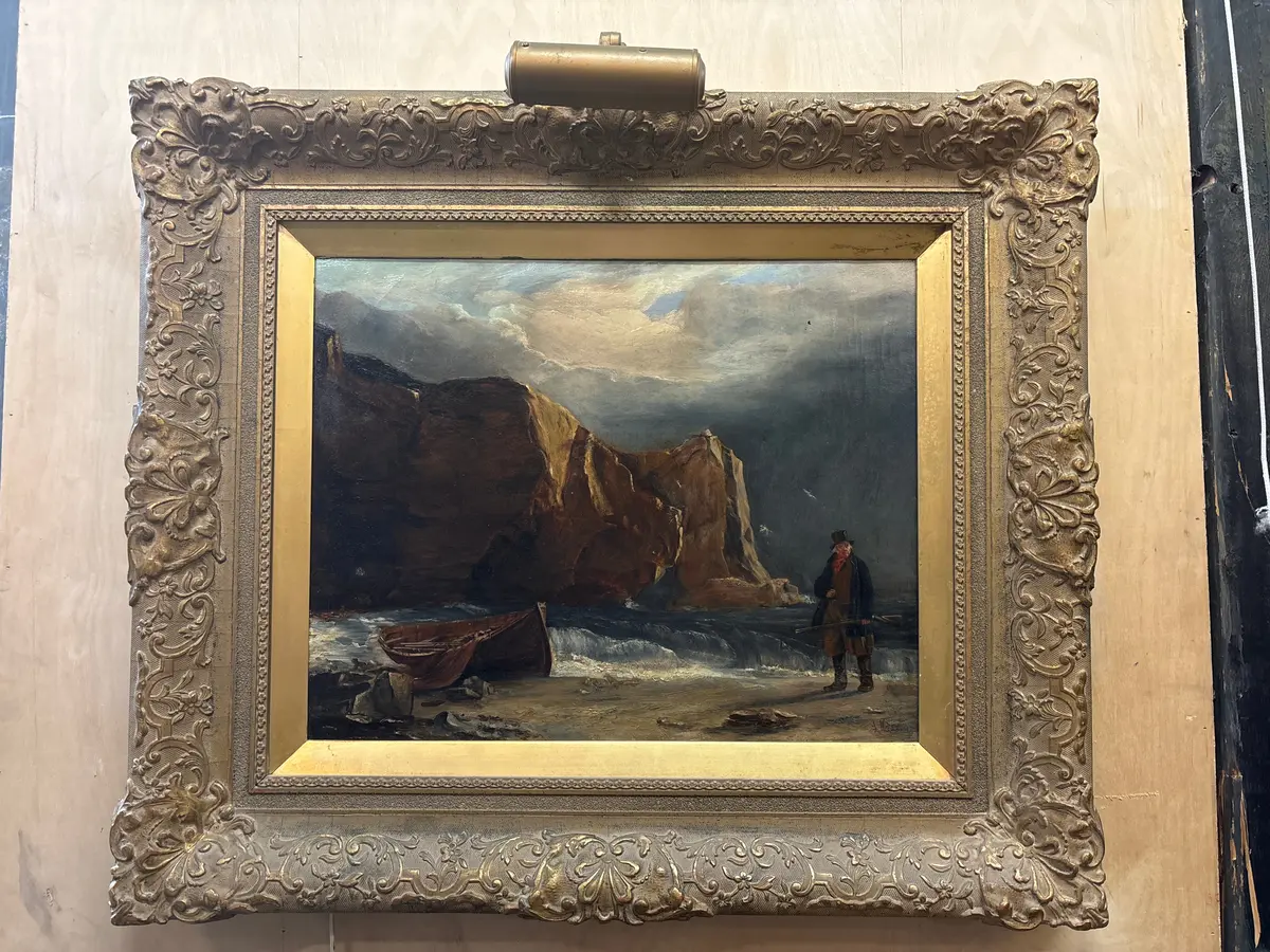 Dark Gold Framed 19Th Century Seashore Oil Painting On Canvas - As Found 1