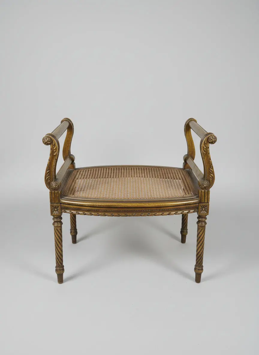 As Found Needs Gluing Green Painted Scroll Arm Bench With Caning 1