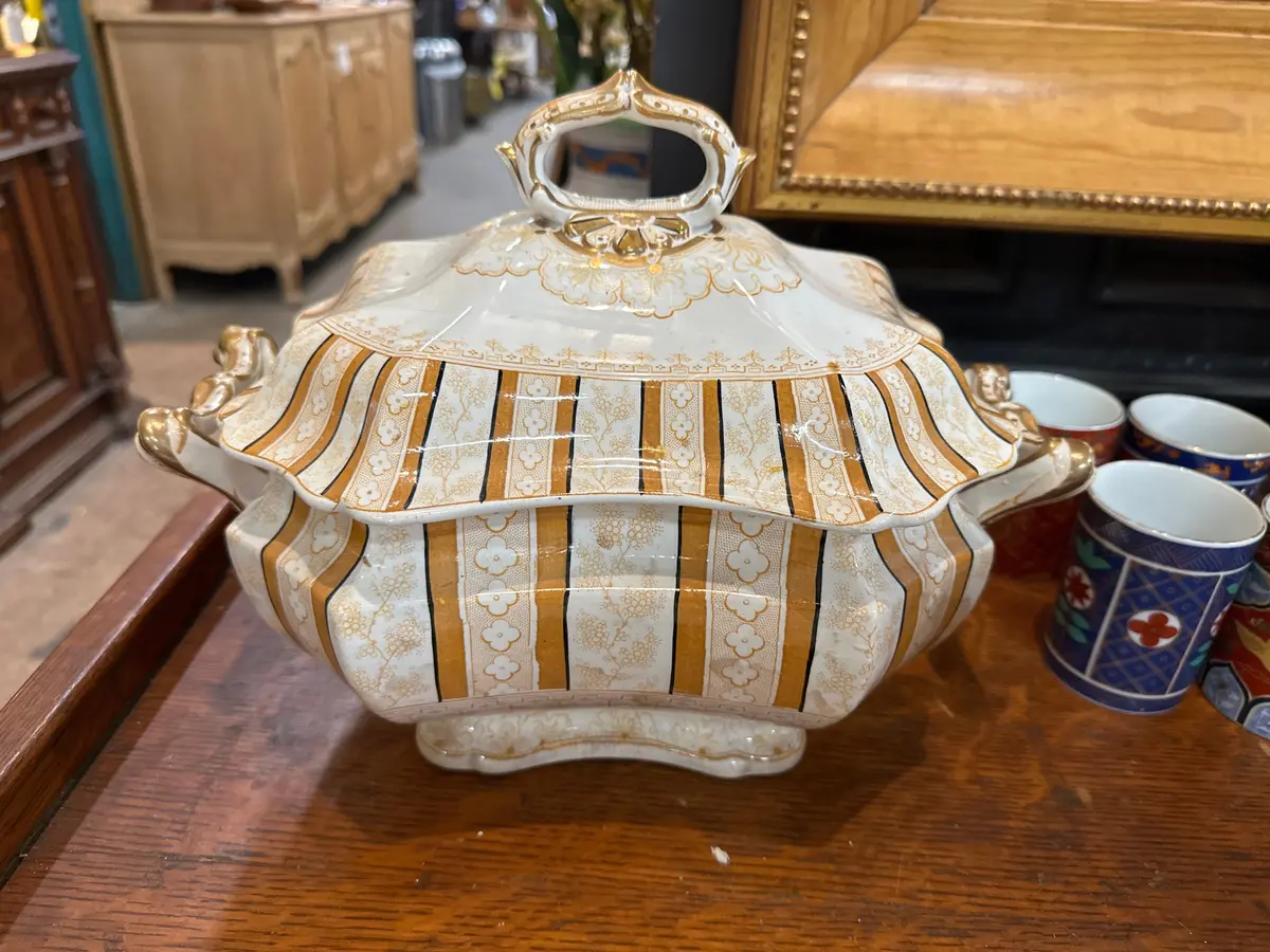 Orange And White Porcelain Tureen With Underplate 1