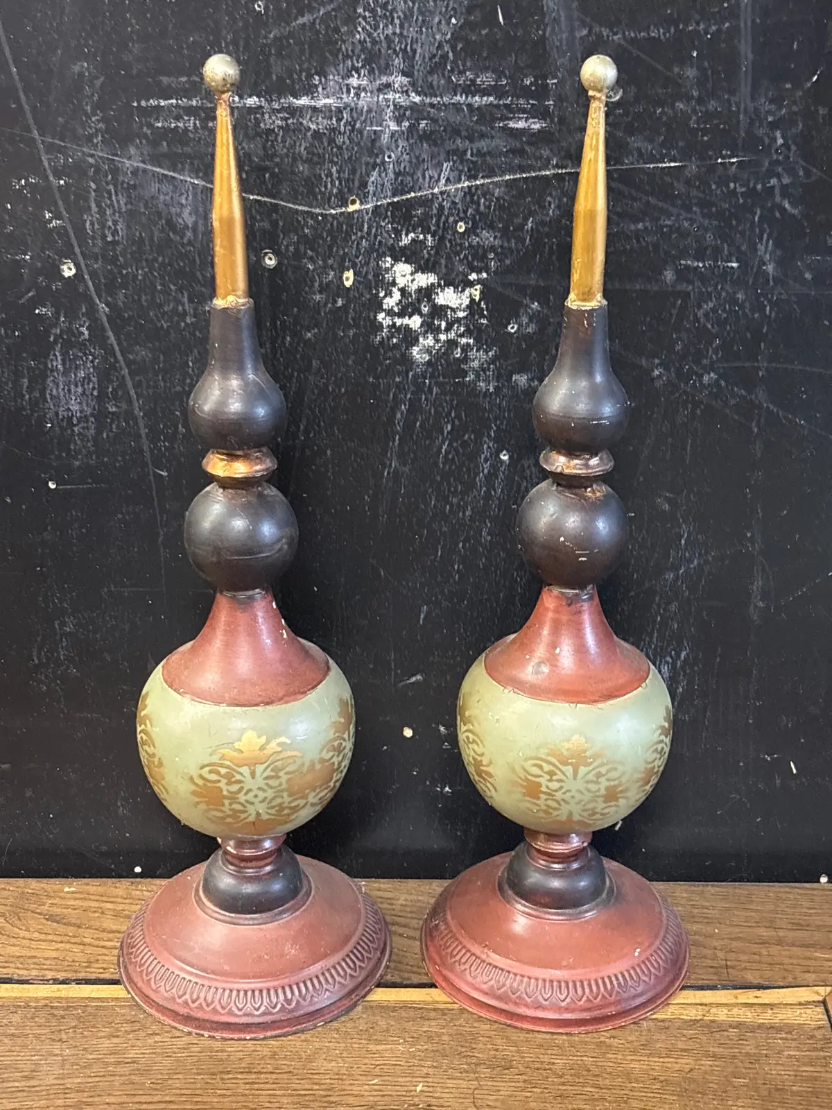 Pair Of Red, Green, And Gold Tin Finials 1