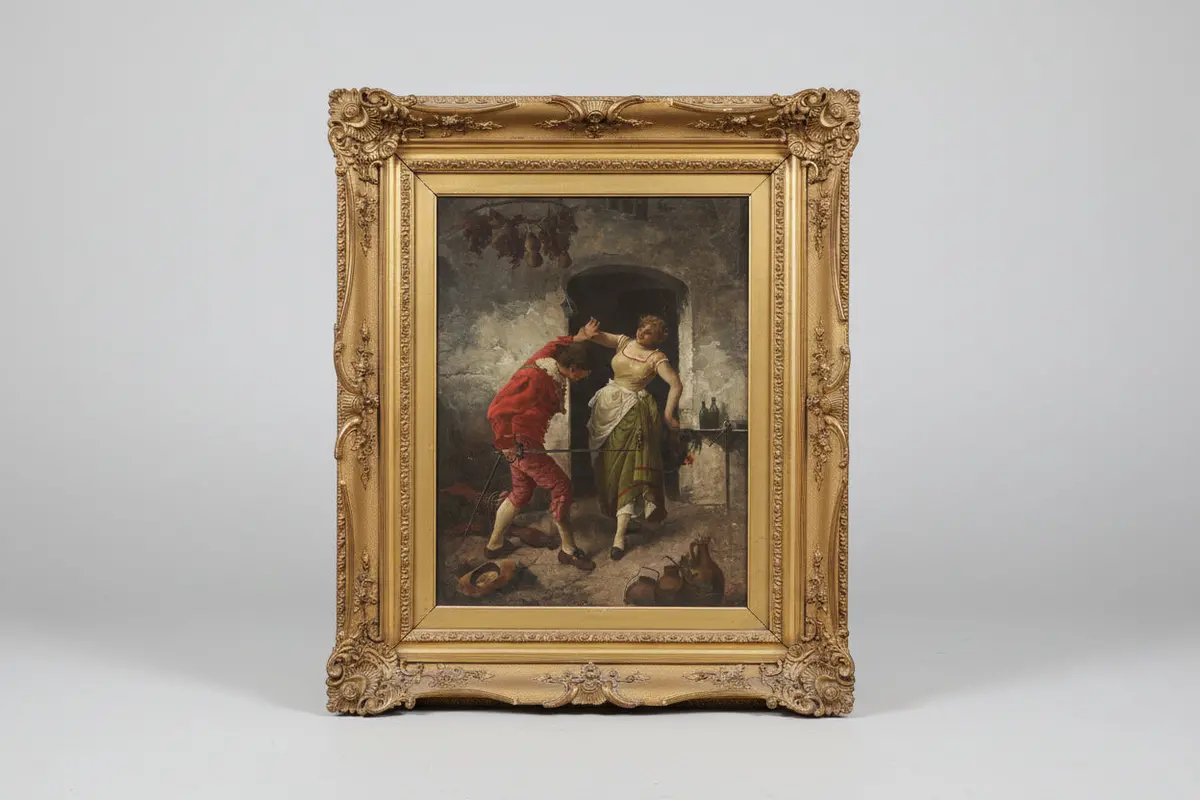 Large Framed Oil Painting Of A  17Th Century Scence With Courting Couple Frolicking 1