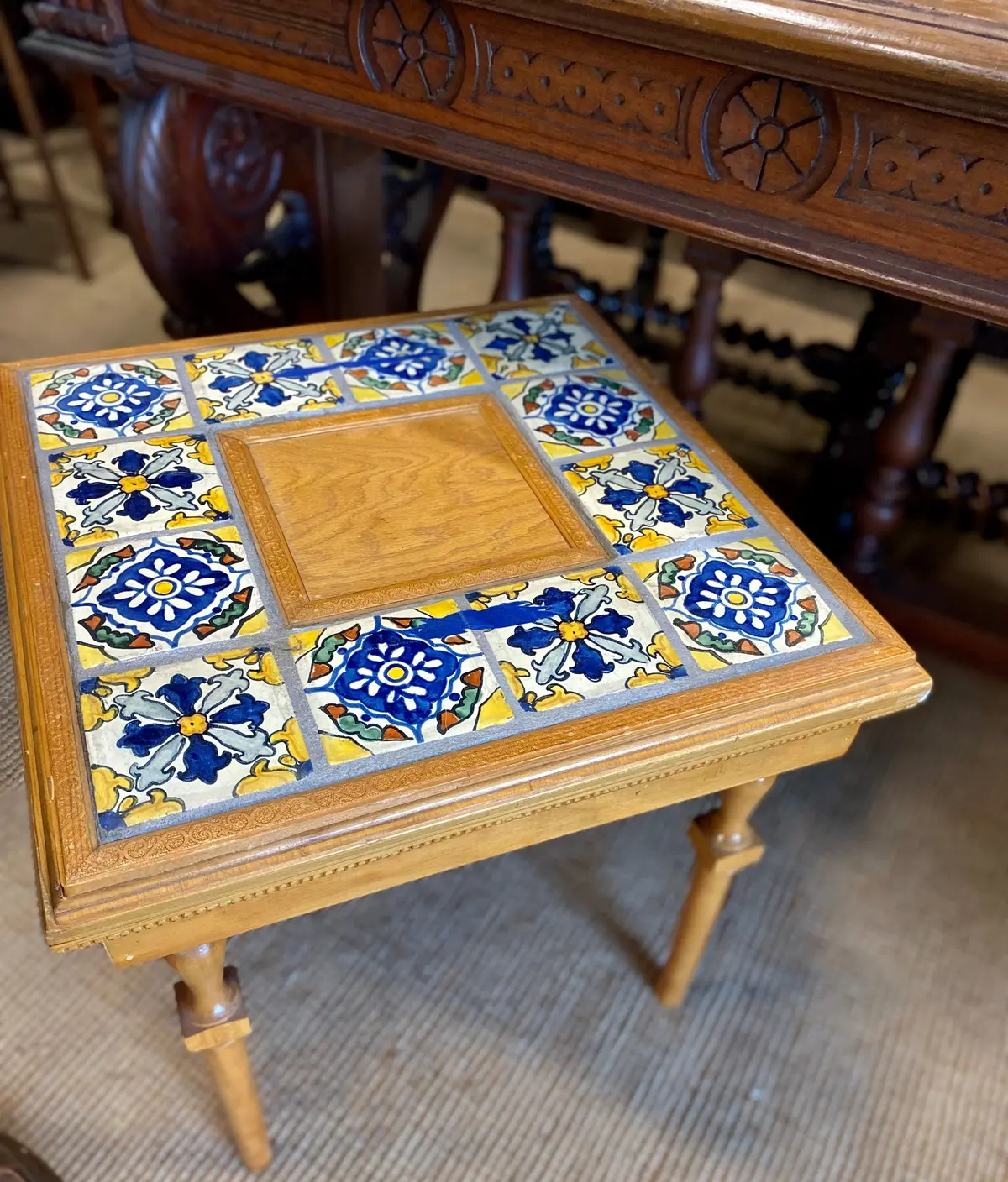 Turned Leg Low Pine Table With Tile Top 1