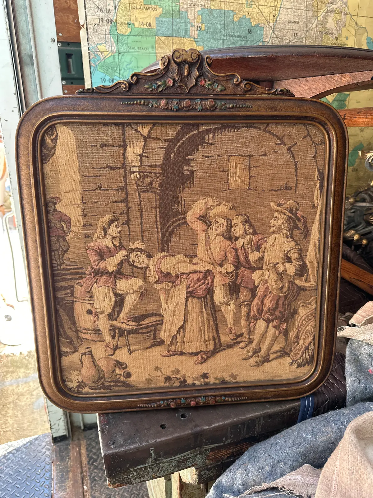 Small Framed Tapestry With Gentlemen And Lady 1