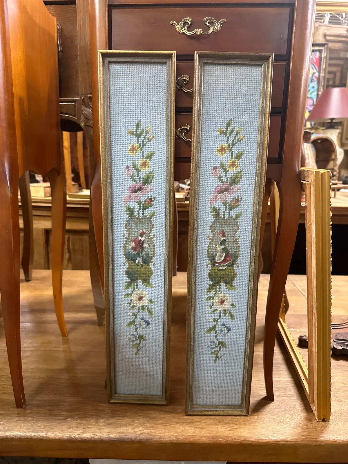 Framed Pair Of Tiny Blue Needlepoints 1