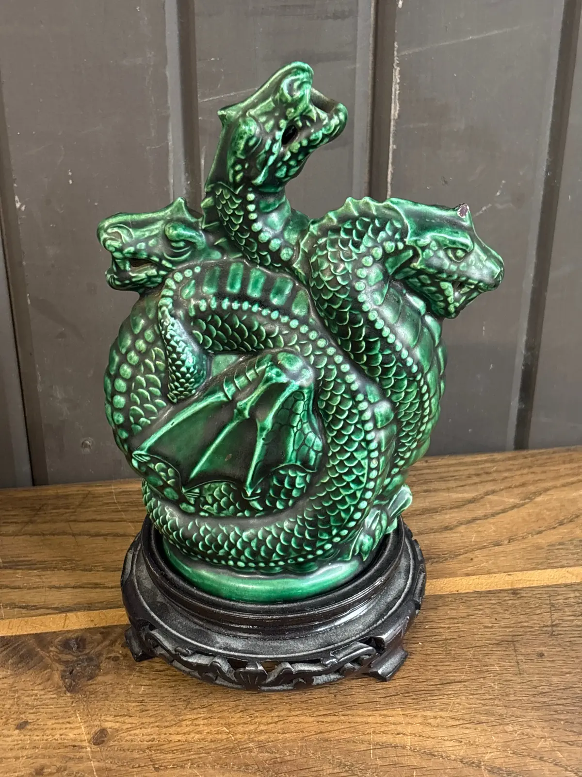 Green Porcelain Dragon With Wood Base 1