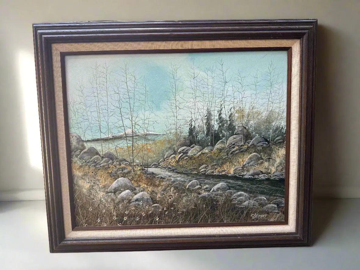 Brown Framed Oil Painting Of A Stream And Bare Rocks Signed Robert Lardinois 1