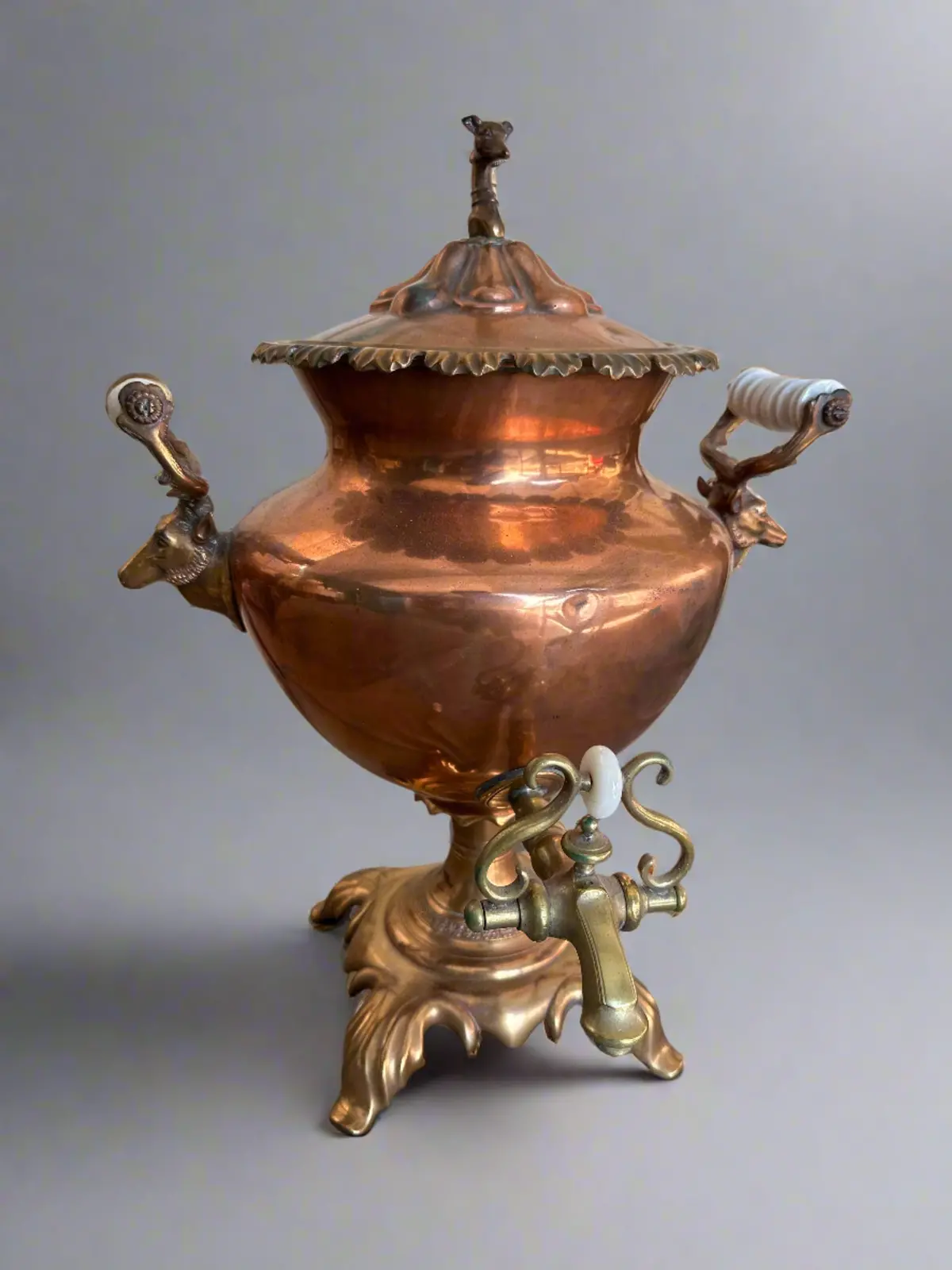 Copper And Brass Samovar With Deer Head Handles 1