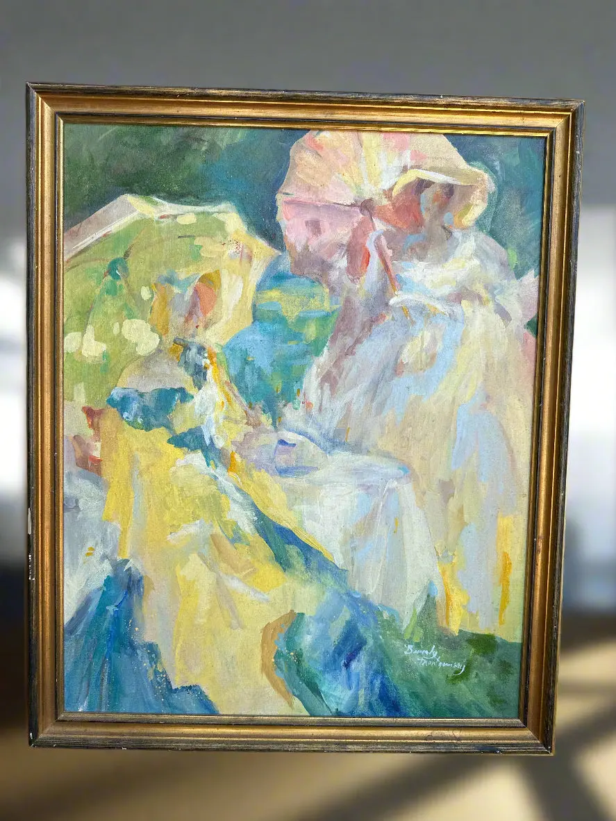 Gilt Framed  Impressionist Oil Painting Of Women With Umbrellas -Signed Beverly Montgomery 1