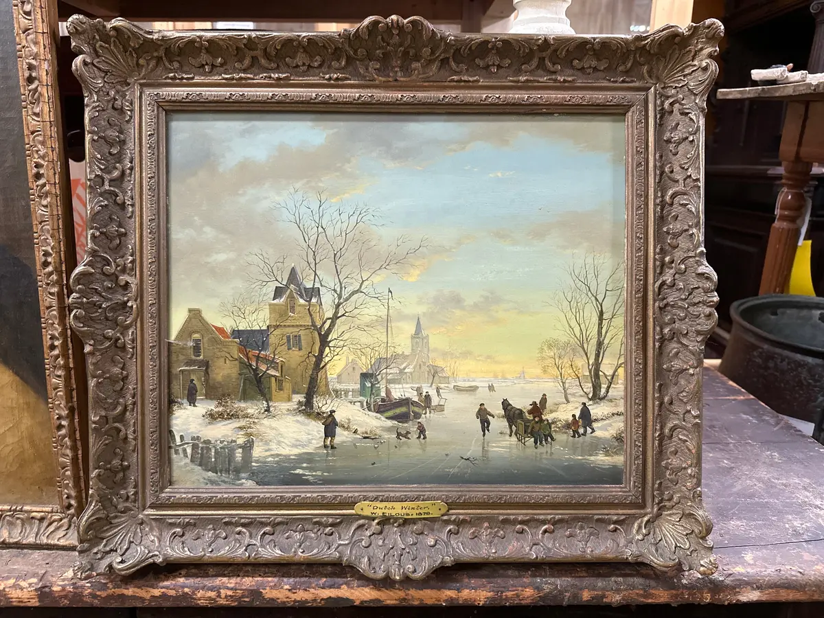 Framed Dutch Winter Scene Oil Painting Signed Wh Mander 1