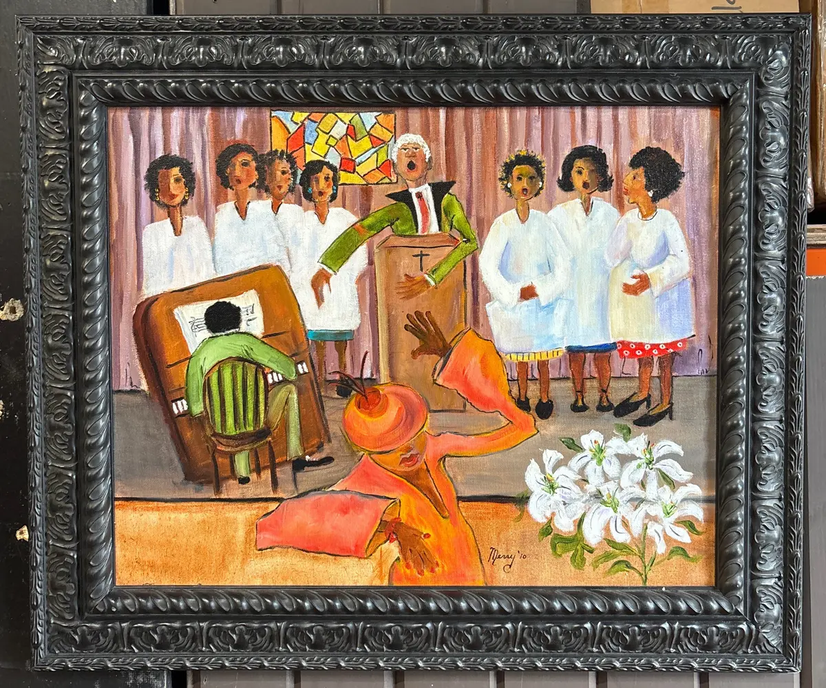 Black Framed Painting Of Church Choir Scene - Signed 1