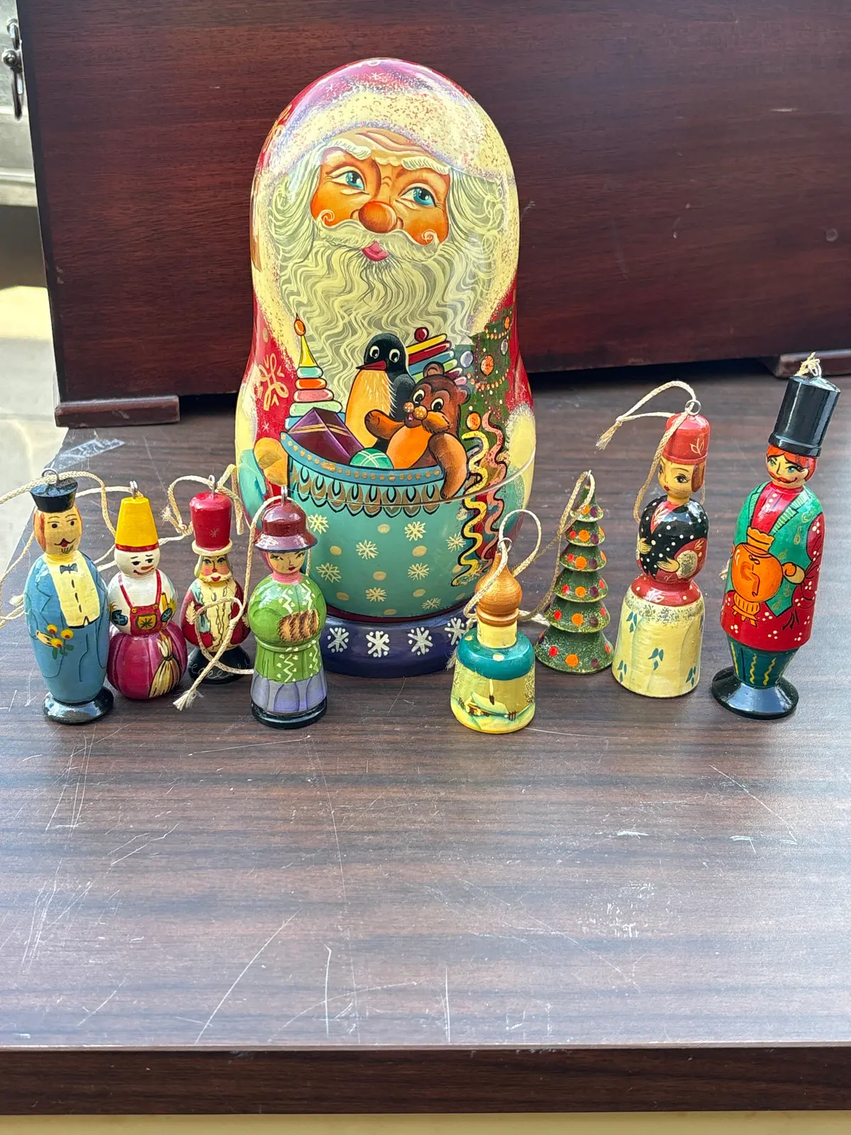 Santa Russian Nesting Doll Cover With Christmas Ornaments Inside 1