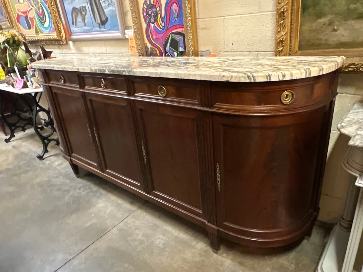 Louis Xvi Curved End Sideboard With Grey And White Marble Top 1