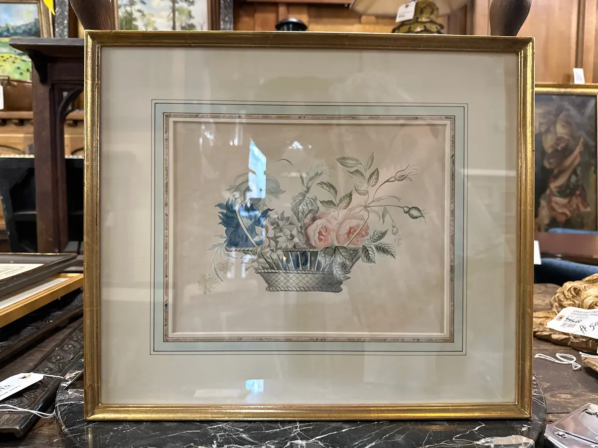 Watercolor Print Of Flowers In A Basket 1