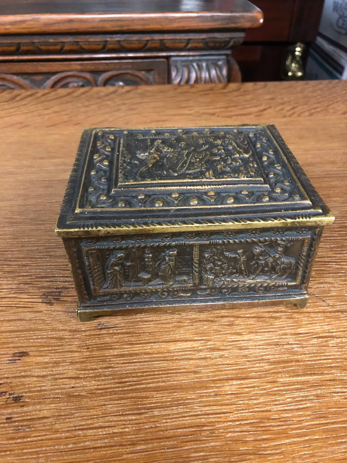 European Scenic Gilt Brass Embossed Jewel Casket 1
