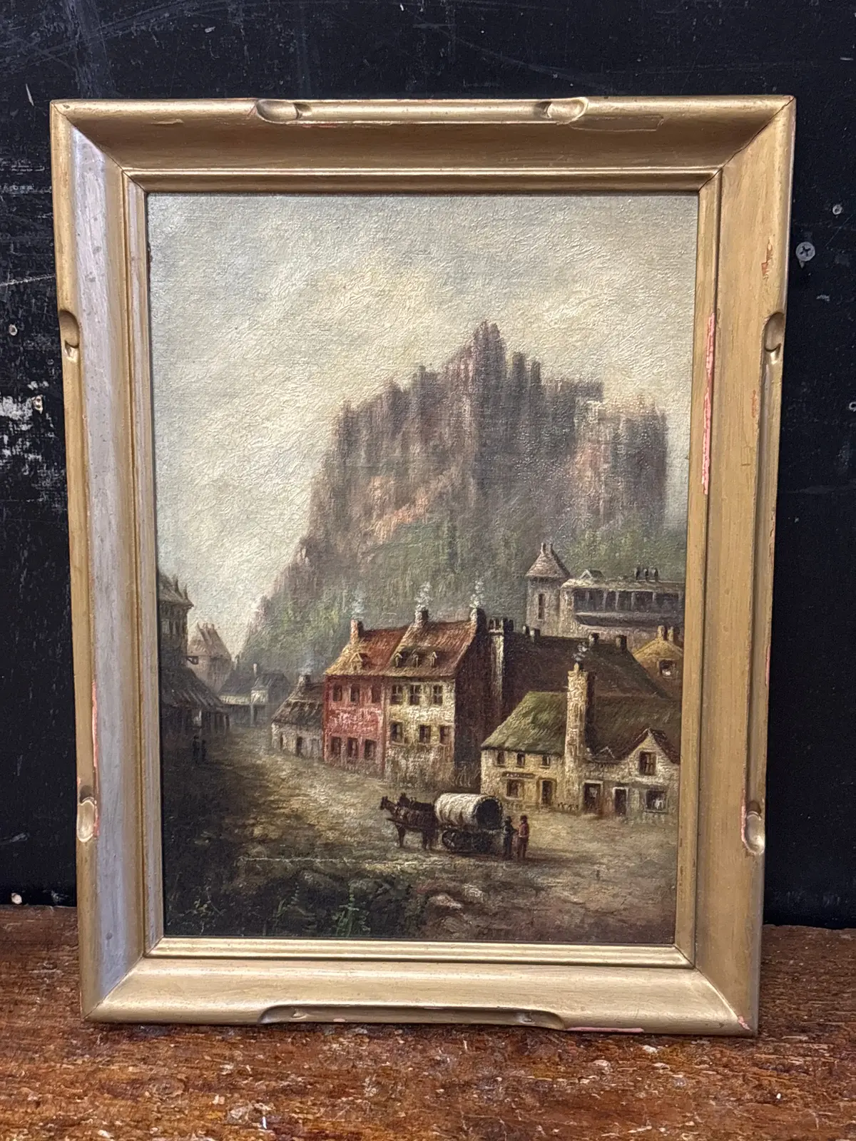 Antique Gold Framed European Village Painting With Mountain And Wagon 1
