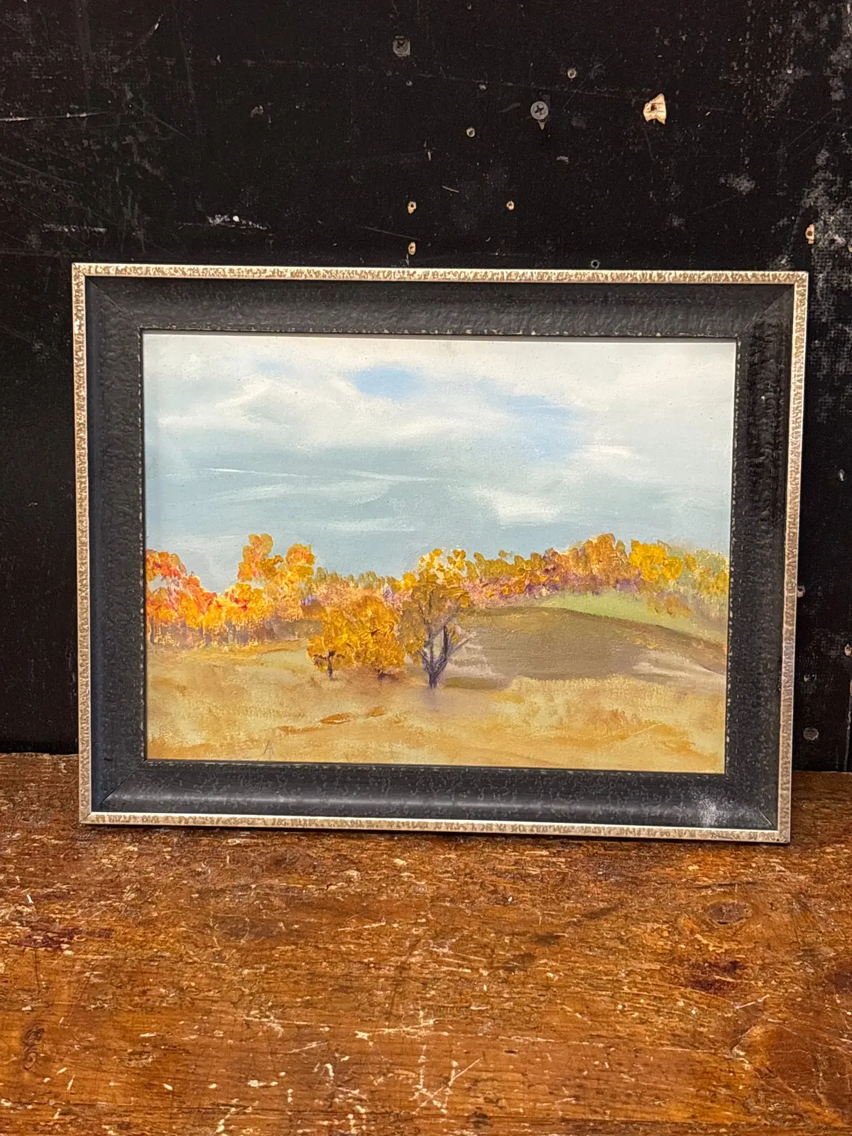 Black Framed Oil Painting Of "December's Golden Trees" - Plein Air 1