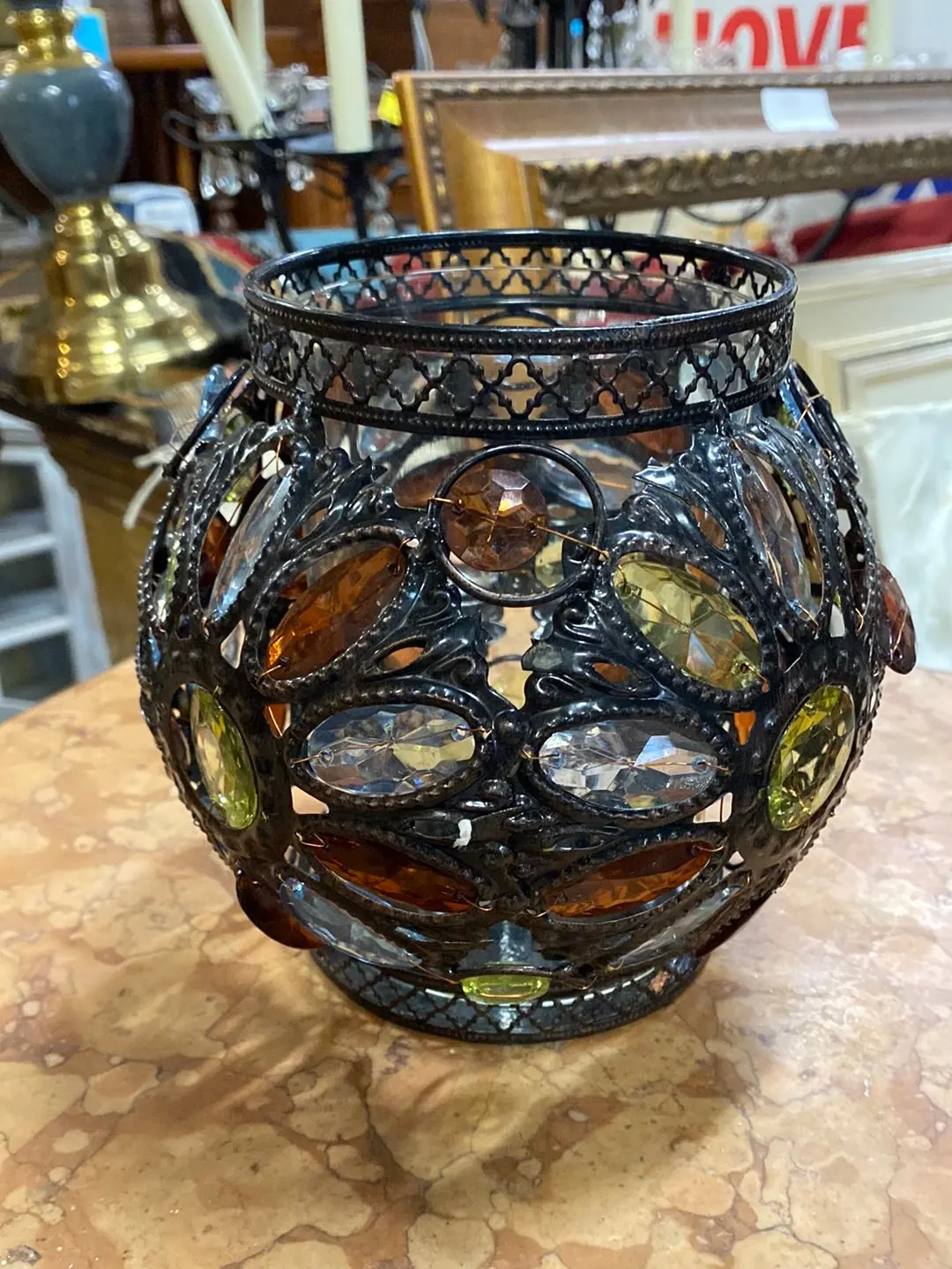 Round Metal Open Vase With Faceted Jewels 1