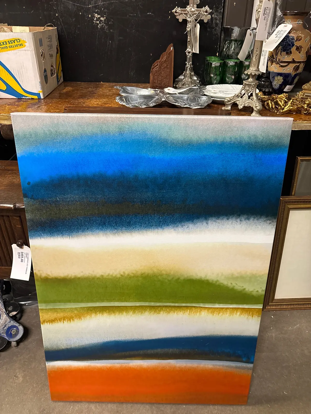 Orange, Blue, White And Green Abstract Oil Print On Board 1