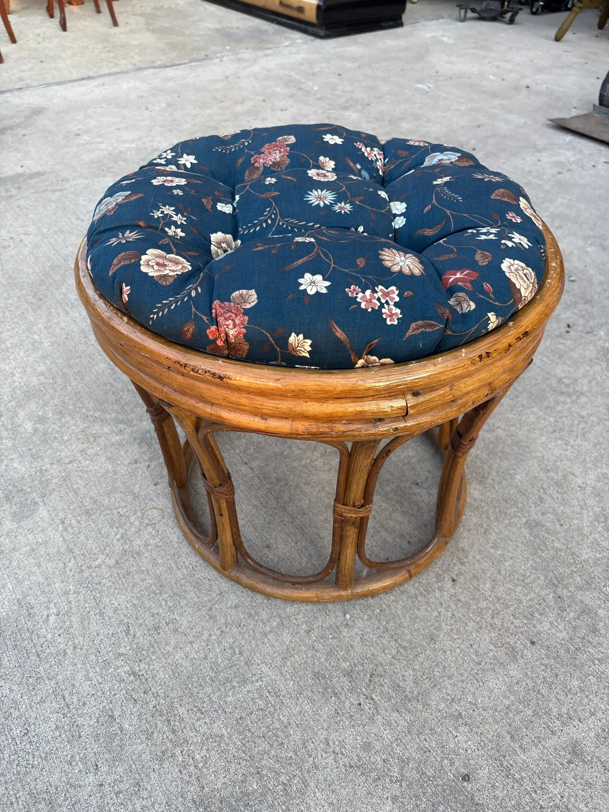 Bamboo And Rattan Foot Stool With Floral Blue Cushion 1